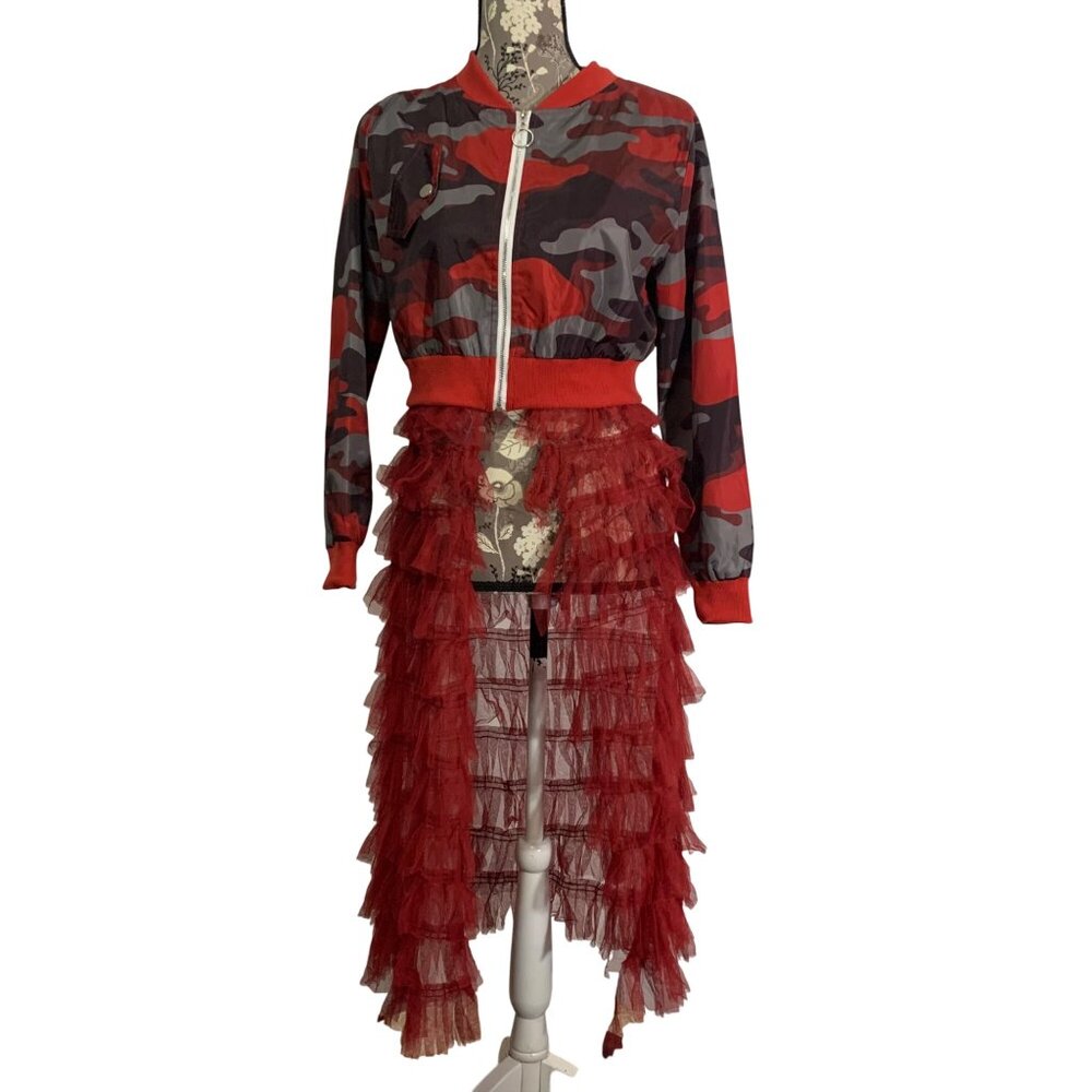 Red Camouflage Lightweight Bomber Jacket Long Ruffled Mesh Open Front SZ Small